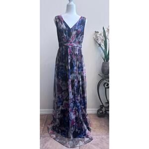 Adrianna Papell V-Neck Floral Printed Tulle Gown Party Dress Slit Women's Sz 10